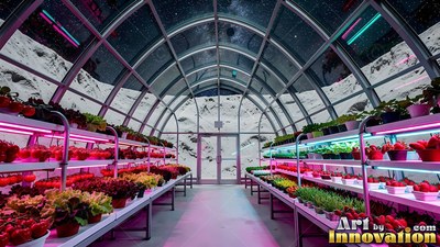 Pots of red strawberries and green lettuce line shelves in an arched lunar greenhouse glass dome