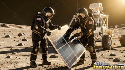Two astronauts set up a solar panel on the lunar ground under warm sunlight