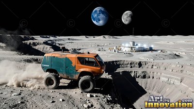 Tilted in side view, an orange and teal rover drives along a lunar crater rim
