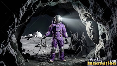 An astronaut in a purple suit stands in a dark lunar cave with domes outside