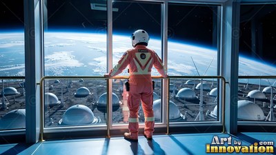 At a large observation window, an astronaut in an orange suit looks out over moon domes