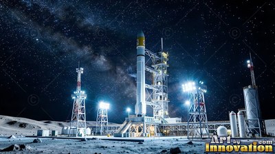 Standing on a lunar launchpad under bright floodlights, a tall white rocket waits beneath the stars