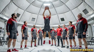 Crew members watching a player shoot a basketball inside a white dome