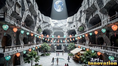 Dressed in casual clothes, people walk through a gray lunar cavern mall lit by teal lanterns
