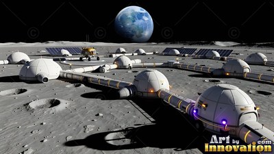A lunar base spreads across gray craters, connected by tunnels under bright sunlight