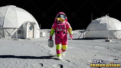 Walking forward, an astronaut in a pink suit carries a case between white domes