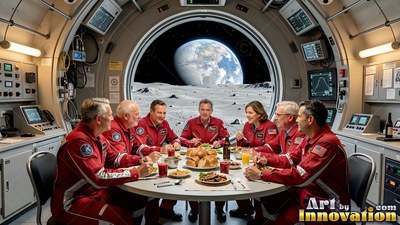 Astronauts in red flight suits eat dinner by a round moon base window overlooking Earth