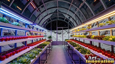 In a greenhouse dome on the moon, shelves of vegetables grow under strip lights