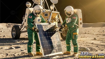 Holding a solar panel, two astronauts in green spacesuits stand by a lunar rover