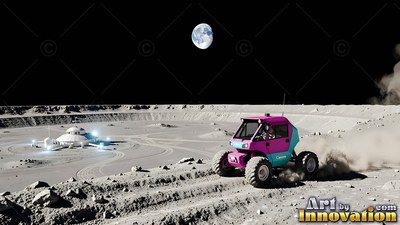 Pink and teal buggy driving on gray moon dust near a base dome
