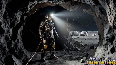 A helmet light shines as an astronaut in a dark suit stands in a rocky cave opening looking out at moon domes