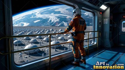 An astronaut in an orange suit looks out a window at gray domes under blue Earth light
