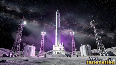 Standing upright on a moon launchpad, a white rocket rests under starry skies