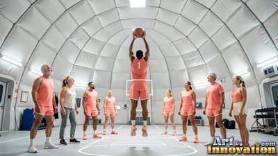 People in peach gym clothes play basketball inside a bright white dome tent