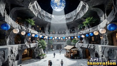 In an underground moon plaza, people stroll under paper lanterns and a view of Earth