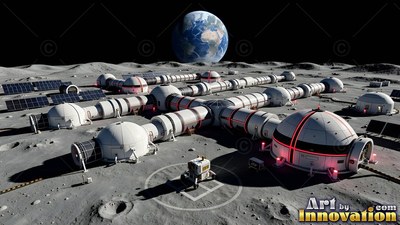 Sprawling on gray lunar dust, connected white domes form a lunar base beneath Earth
