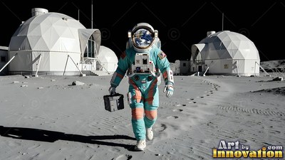 Astronaut in a teal suit walking between white moon base domes