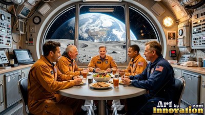 Orange jumpsuits on an astronaut crew dining inside a lunar base by a window overlooking Earth