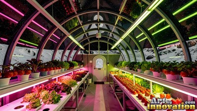 A lunar greenhouse grows rows of crops under bright pink and white lights