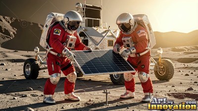 Bending forward on the moon, two astronauts in red suits set down a solar panel