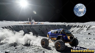 A blue rover kicks up gray dust near a moon crater beneath the distant Earth