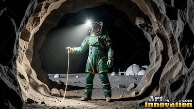 In a dark moon cave, an astronaut in a green spacesuit shines a helmet light outside