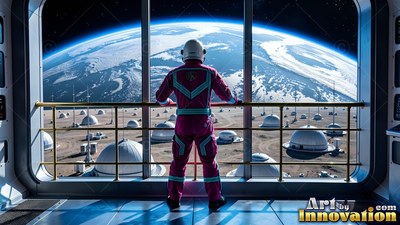 Looking through a window, an astronaut in pink watches the Earth over moon domes