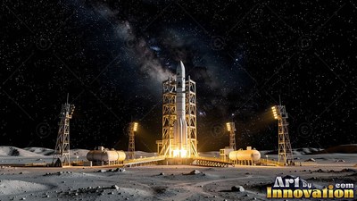 A tall white rocket on a moon launchpad under a starry sky