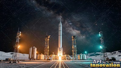 Pointed tip reaching upward, a white rocket stands on a moon launchpad under stars