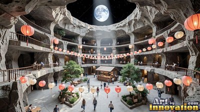Walking through a tiered cavern courtyard decorated with red lanterns