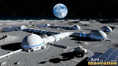 A base with white domes and tubes sits on gray moon dust under a blue planet
