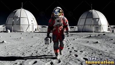 On the gray moon, an astronaut in a red suit walks between two white domes