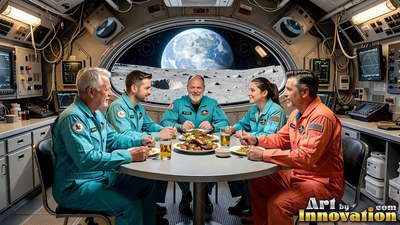 Sharing a meal, five astronauts in flight suits sit around a table before an oval window