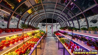A greenhouse on the moon base full of ripe red tomatoes