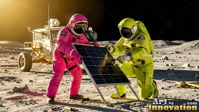 Bright pink spacesuit on an astronaut setting up a solar panel with a partner on the dusty gray lunar surface
