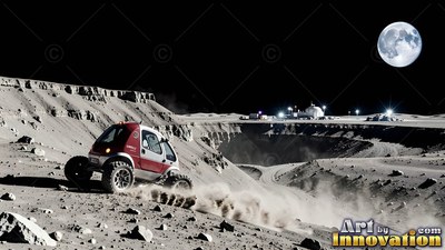 A red rover kicks up gray dust near a moon crater, lit by bright white base lights