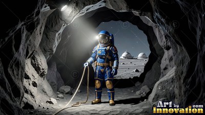 Standing inside a rocky lunar cave, an astronaut holds a rope near distant white domes