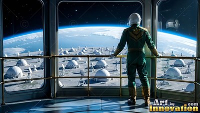 An astronaut in a green suit looks through a window at white domes on the moon