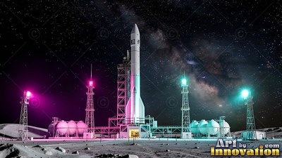 On a dark lunar launchpad, a tall white rocket stands between bright lights