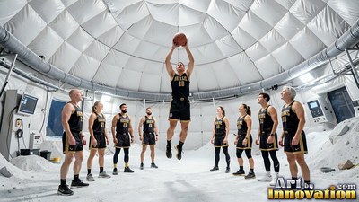 Shooting a basketball, an athlete jumps high inside a white dome surrounded by teammates