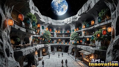 An open crater courtyard under Earth with paper lanterns hung on stone balconies