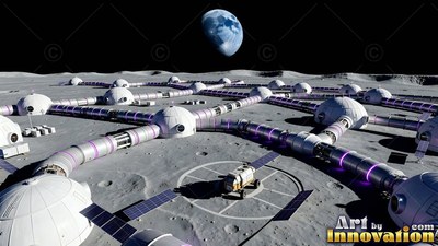 White domes linked by purple-lit tunnels form an outpost on the moon beneath a blue planet Earth