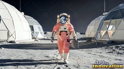 An astronaut walks between white geodesic domes, bright sunlight catching the pink suit