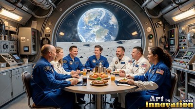 Seated around a dinner table inside a moon base, astronauts eat by a big window