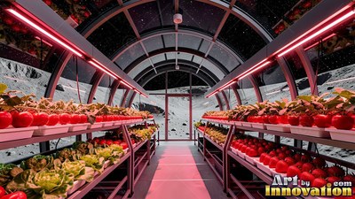 Racks of vegetables grow under red lights inside a glass moon greenhouse