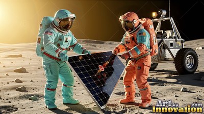 On the dusty lunar surface, two astronauts in colorful suits hold a solar panel