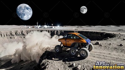 Kicking up dust, an orange lunar rover speeds beside a large crater near a base
