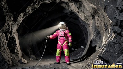 Astronaut in a pink spacesuit standing in a dark rocky cave