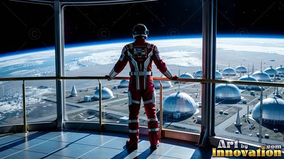 A red spacesuit on an astronaut looking out from a high window over lunar settlement domes