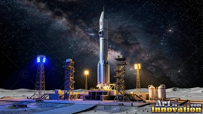A rocket stands on a lunar launchpad illuminated by bright blue and yellow tower lights